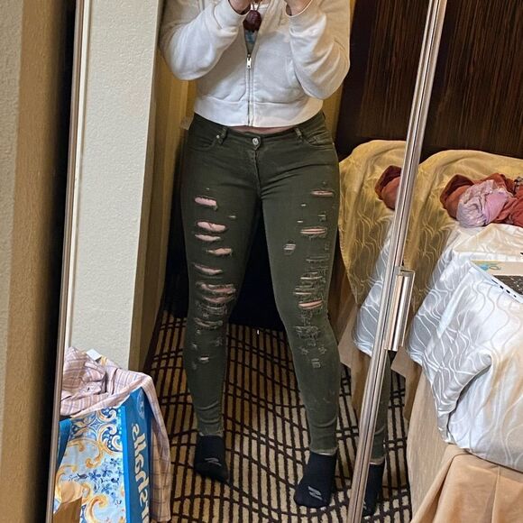 Zara Woman Premium Denim Collection Army Green Distressed Skinny Jeans - Picture 1 of 11